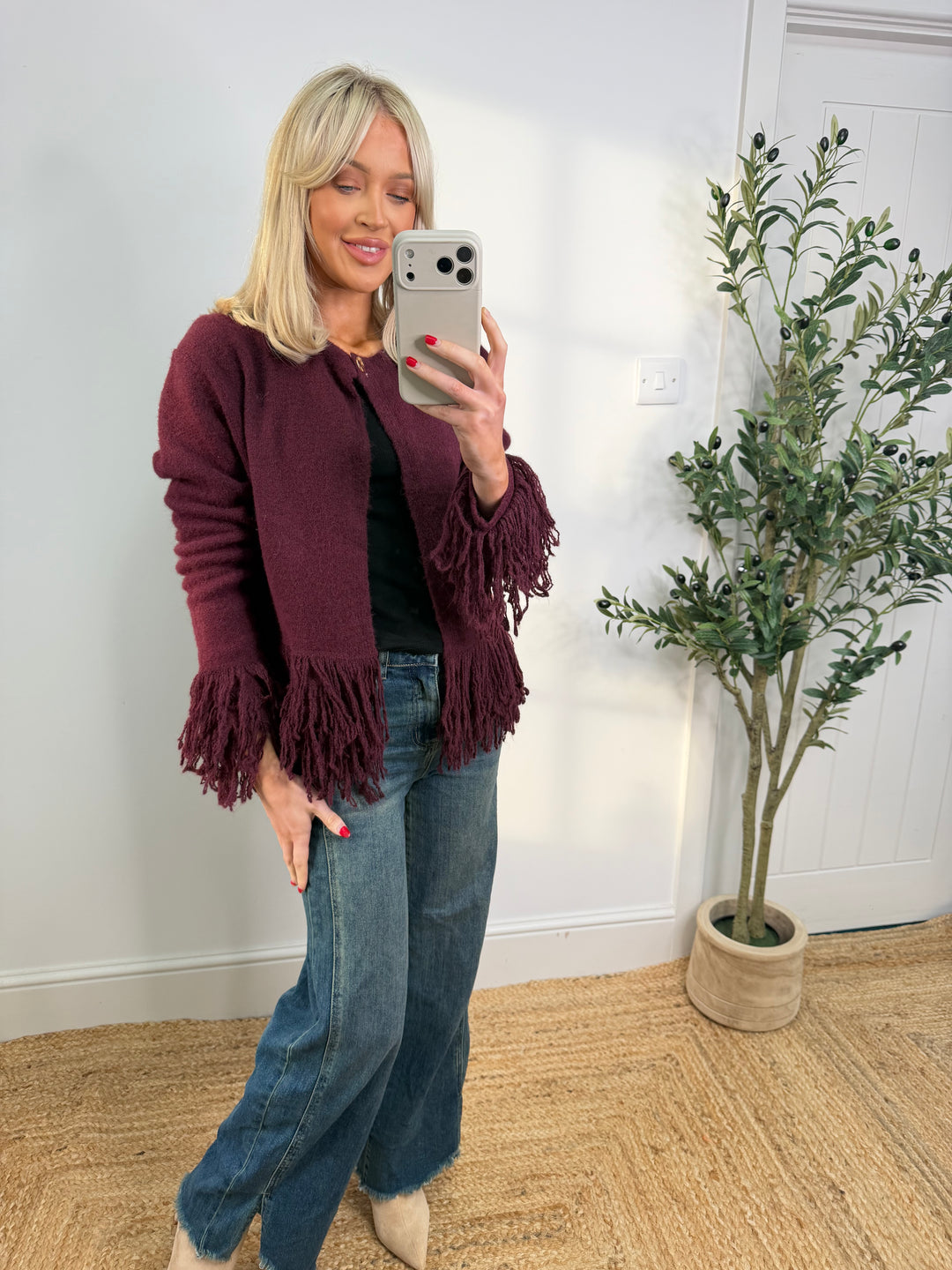 Adele Fringe Cardigan - Wine