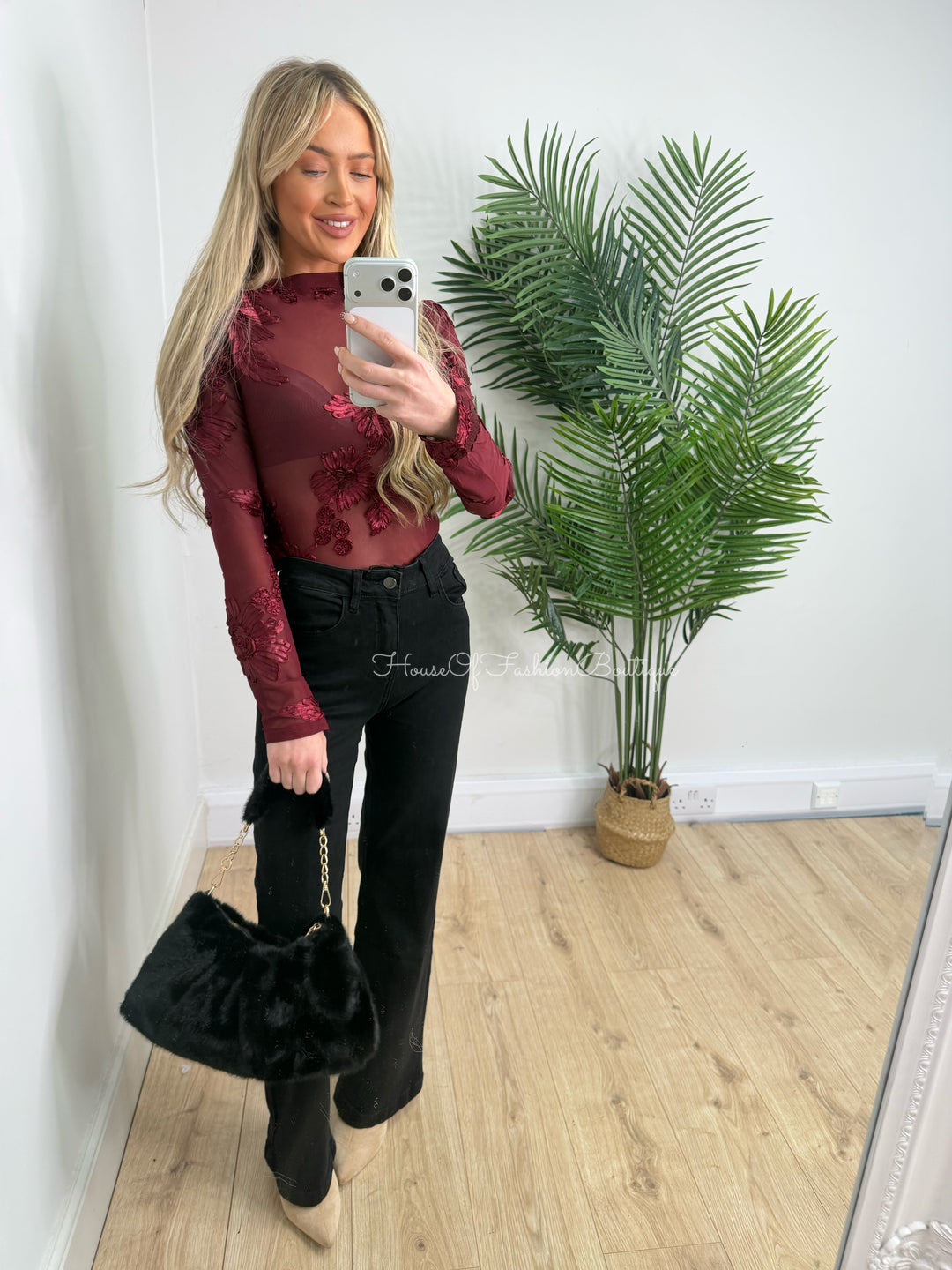 Celia Lace Mesh Top - Wine