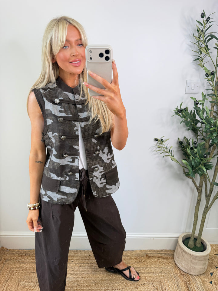 Caroline Camo Denim Waistcoat - Chocolate