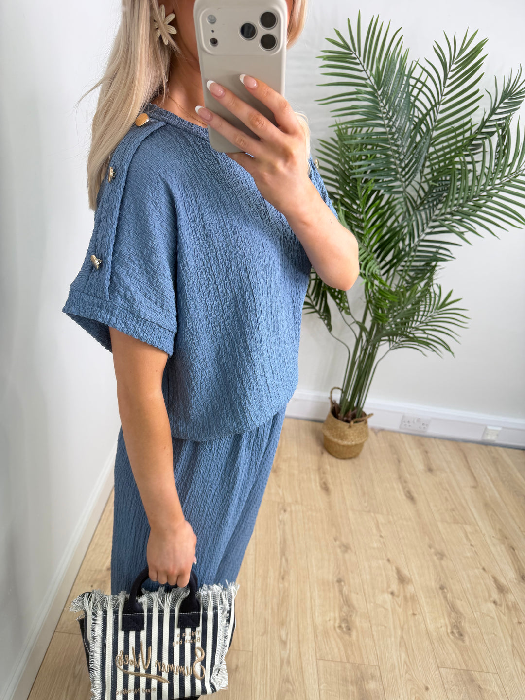 Crinkle Gold Button Two Piece - Denim