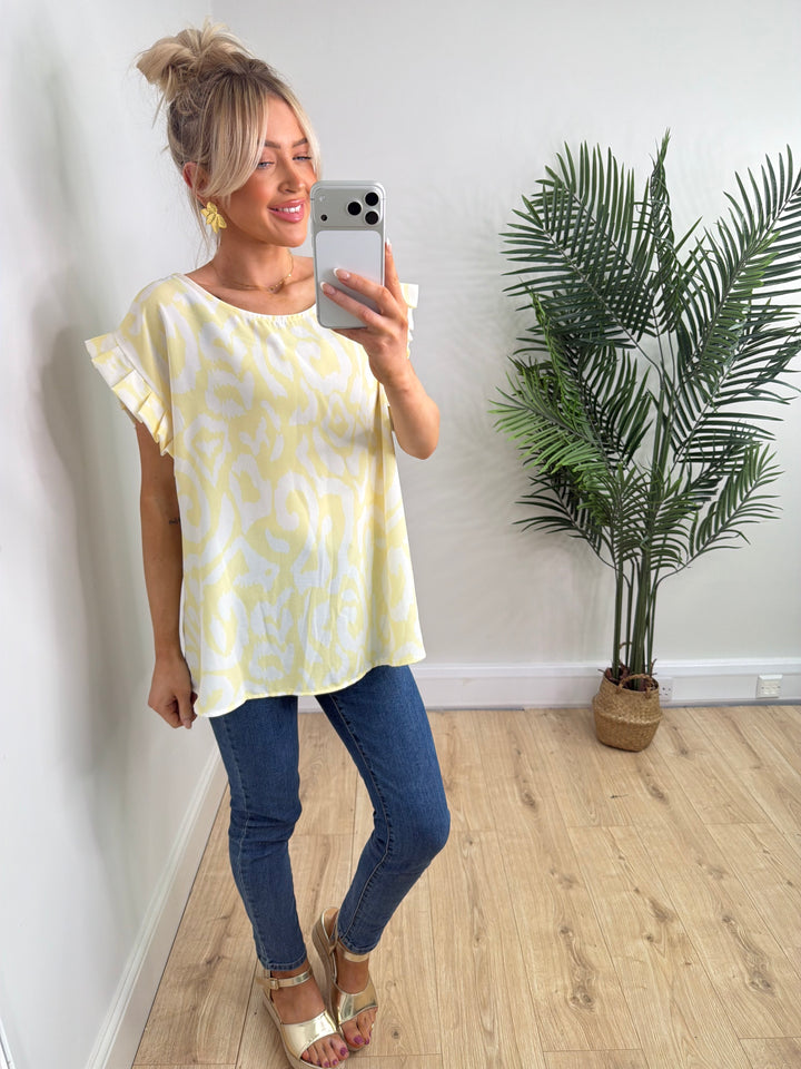 Leopard Frill Sleeve Top - Lemon