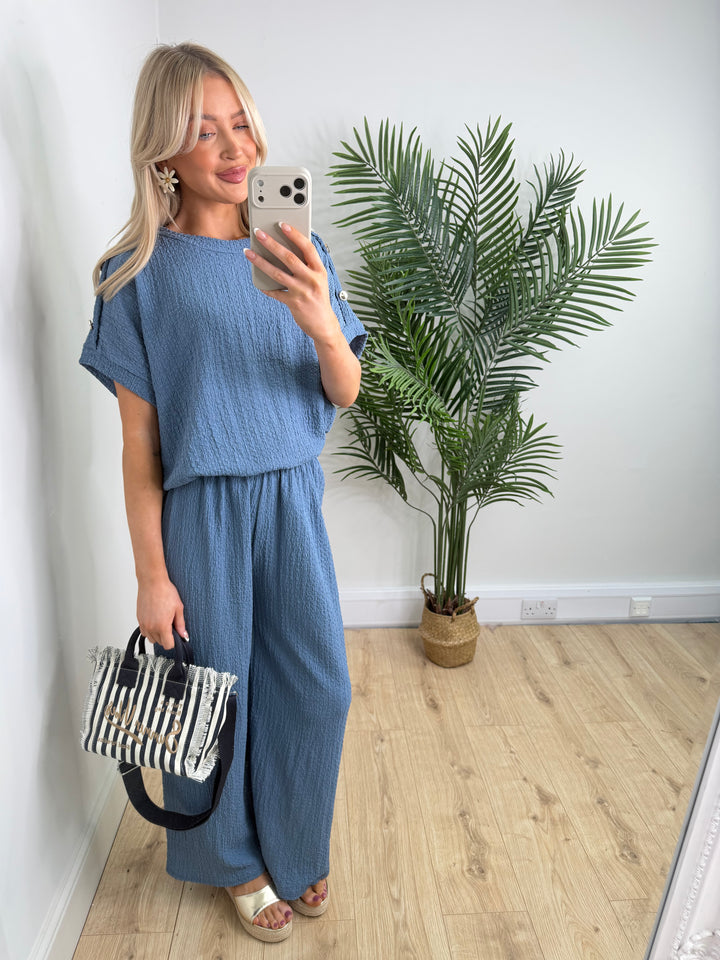 Crinkle Gold Button Two Piece - Denim