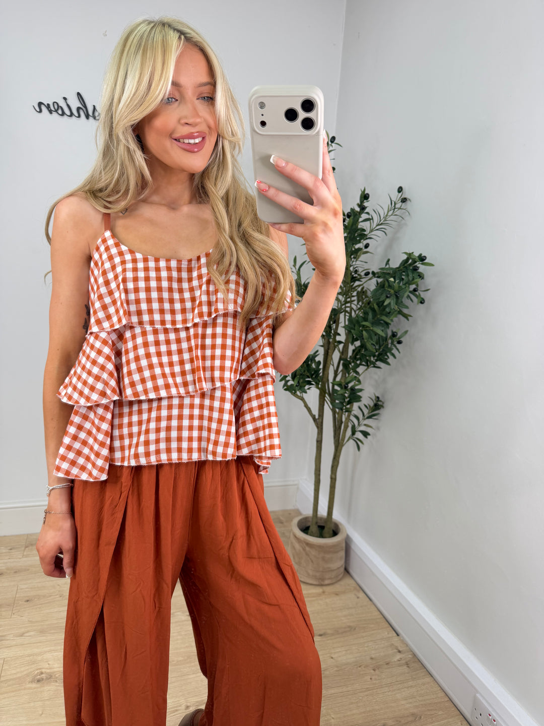 Maria Gingham Ruffle Cami - Rust