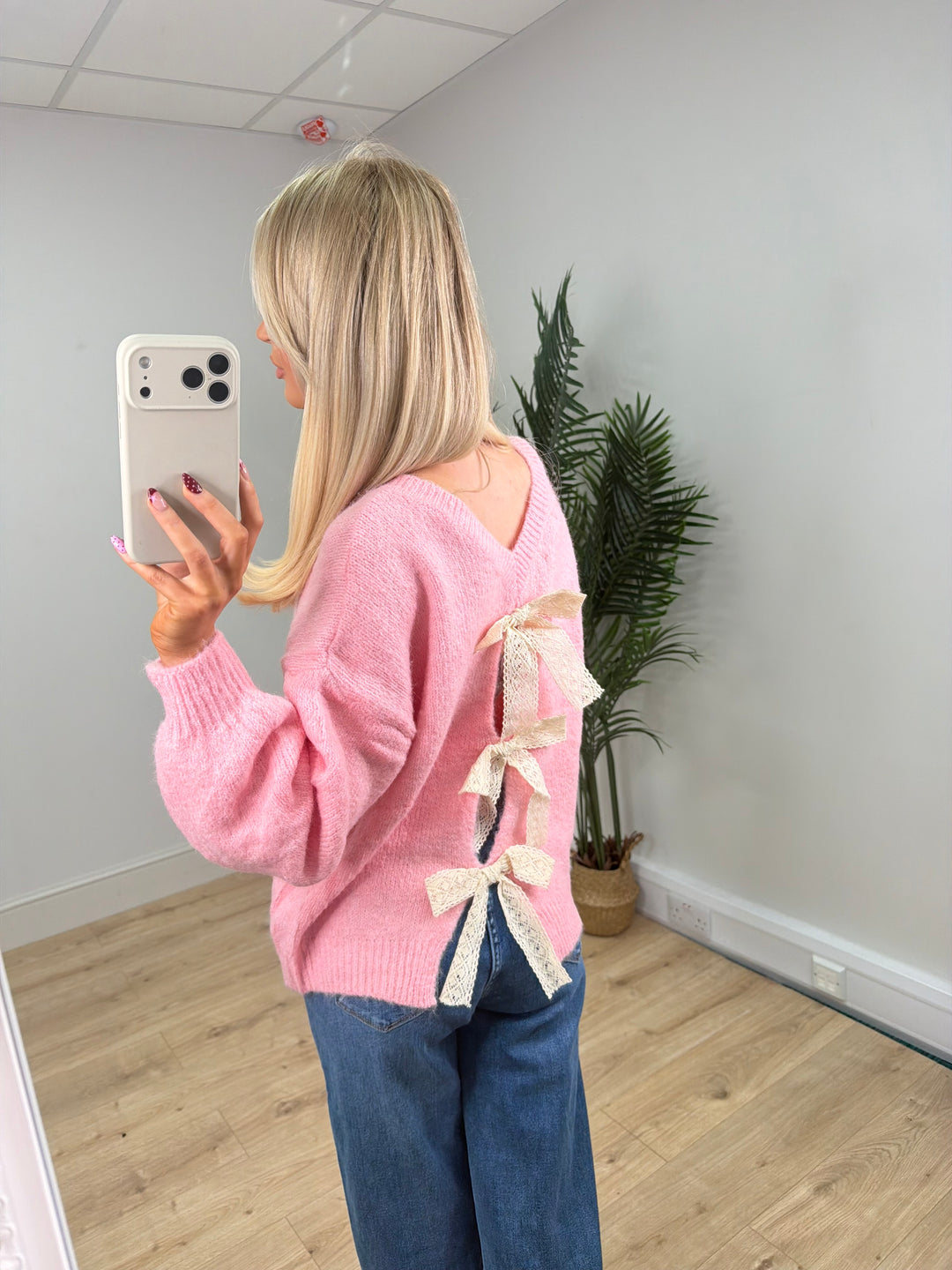 Lace Bow Back Jumper - Baby Pink