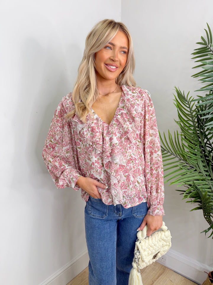Ditsy Ruffle Blouse - Pink
