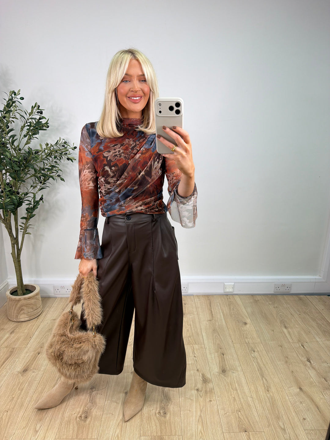 Jalo Ruched Mesh Top - Rust & Denim