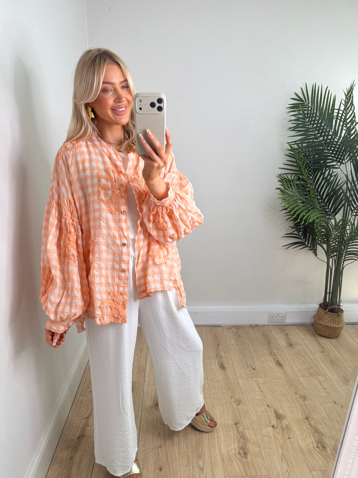 Gingham Flower Shirt - Peach