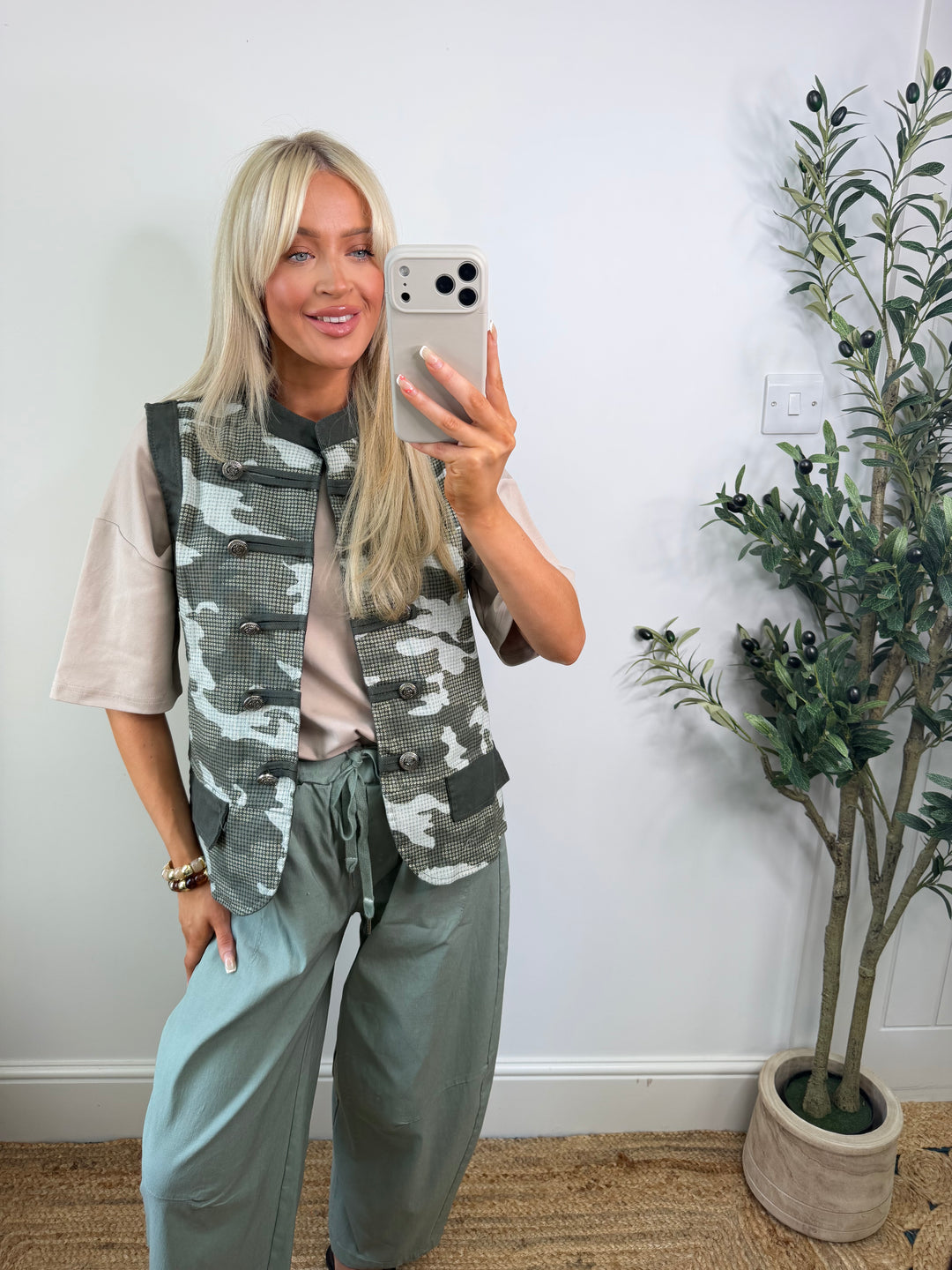Caroline Camo Denim Waistcoat - Green