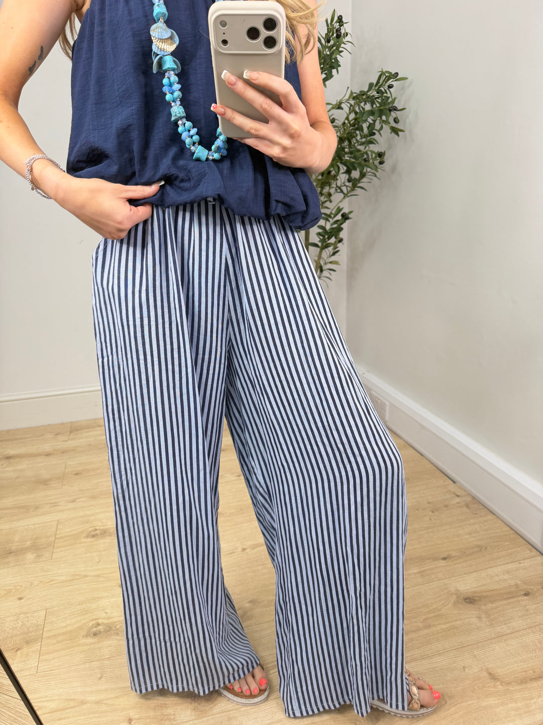 Nova Linen Pinstripe Trousers - Navy