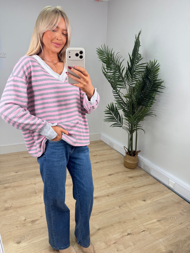 Ava Stripe Sweatshirt - Baby Pink & Grey