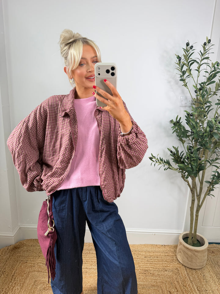 Nicole Check Bomber - Pink & Burgundy