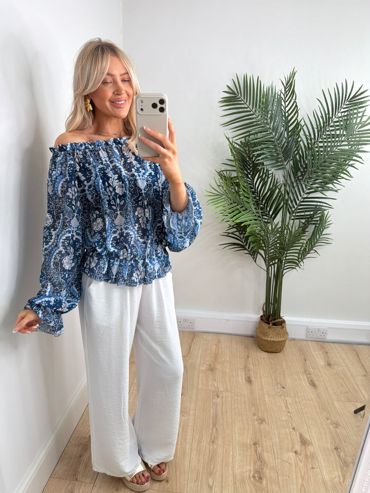 Paisley Bardot Top - Navy