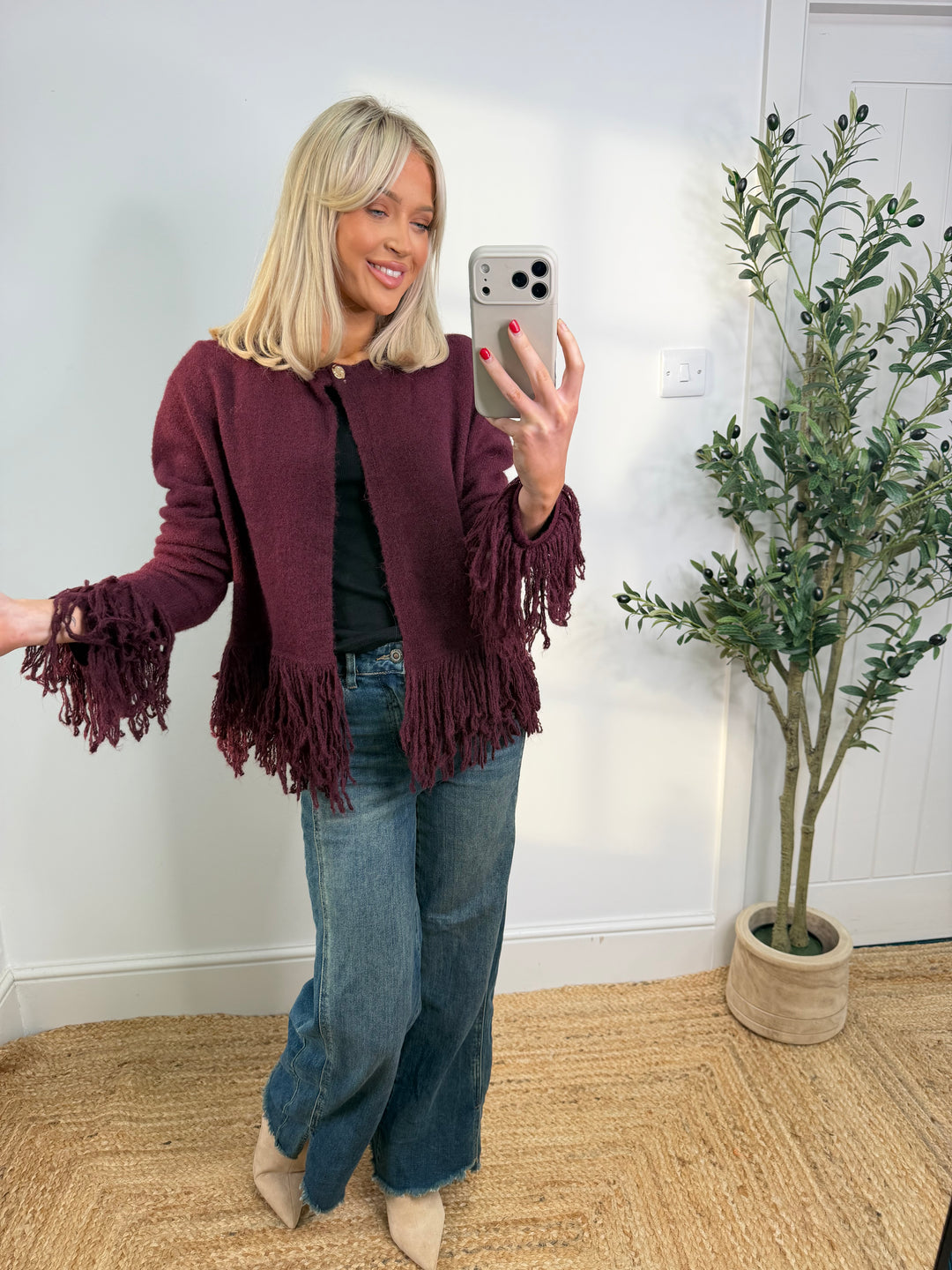 Adele Fringe Cardigan - Wine