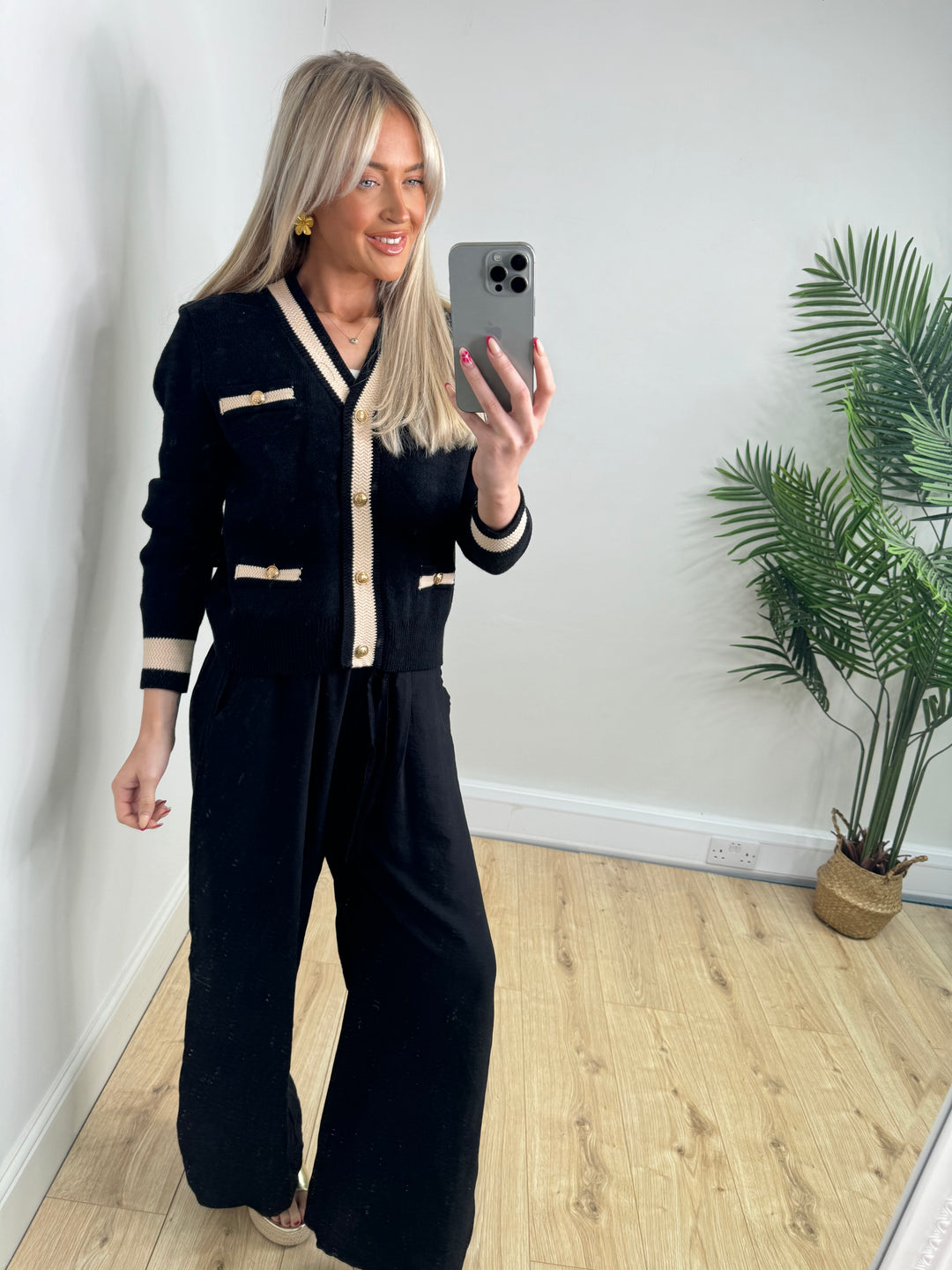 Gold Button Cardigan - Black
