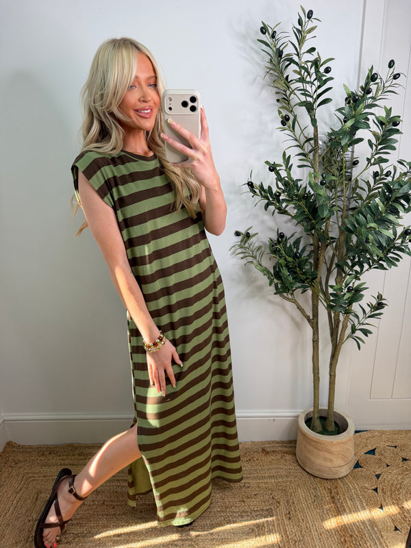 Mina Stripe Tshirt Dress - Khaki & Choc