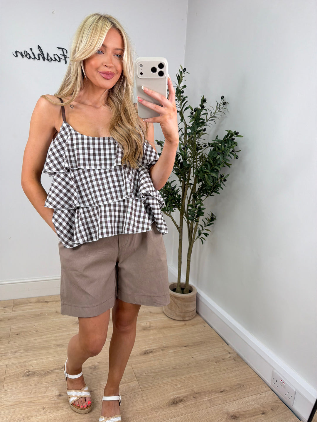 Maria Gingham Ruffle Cami - Chocolate