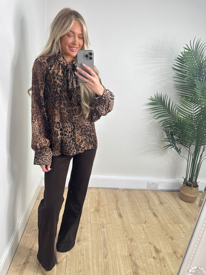 Evie Pussy Bow Blouse - Leopard