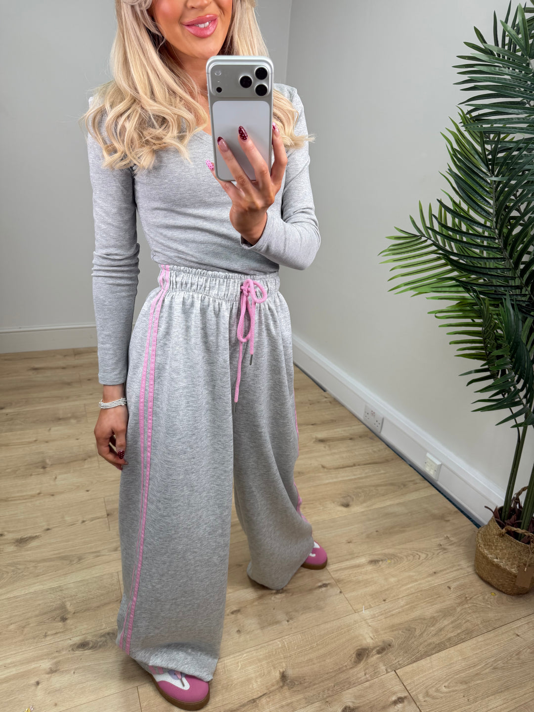 Two Stripe Joggers - Grey & Pink