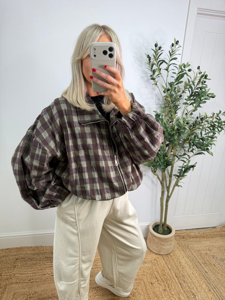 Ruby Cotton Checkered Bomber - Khaki