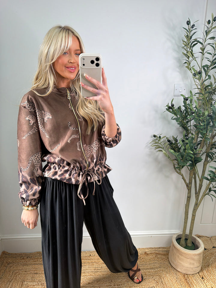Louanna Leopard Suede Bomber - Dark Olive