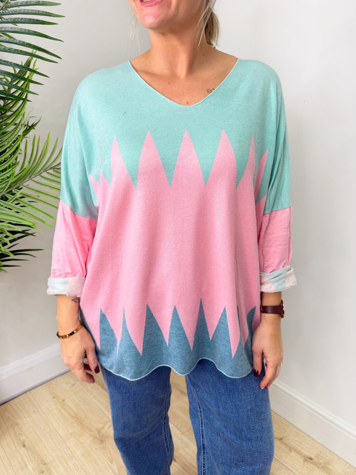 Lena Zig Zag Top - Blue & Pink