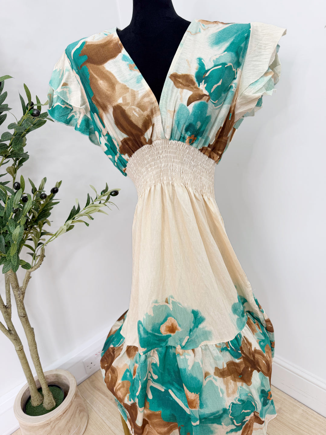 Printed V Neck Dress - Midi