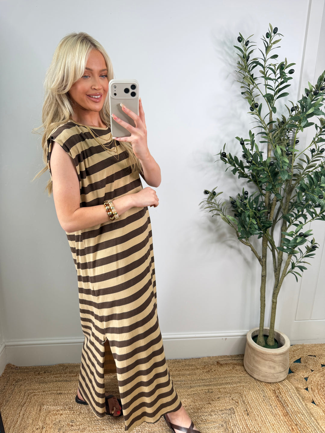 Mina Stripe Tshirt Dress - Caramel & Choc