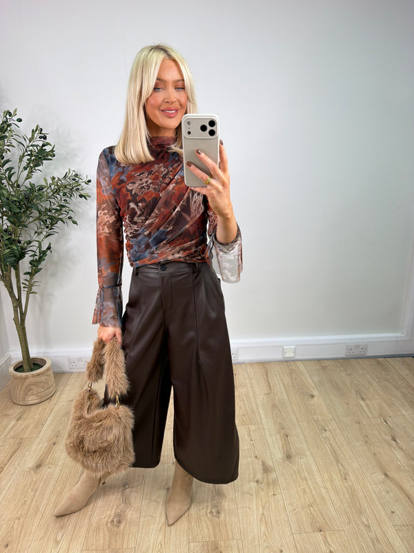Jalo Ruched Mesh Top - Rust & Denim