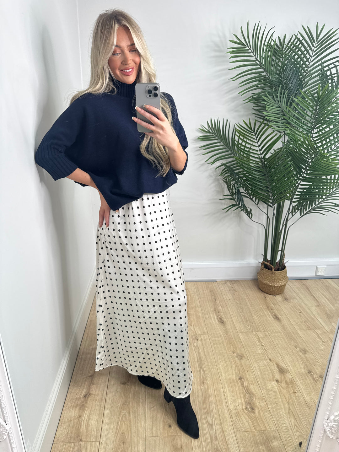 Polka Dot Satin Skirt - White