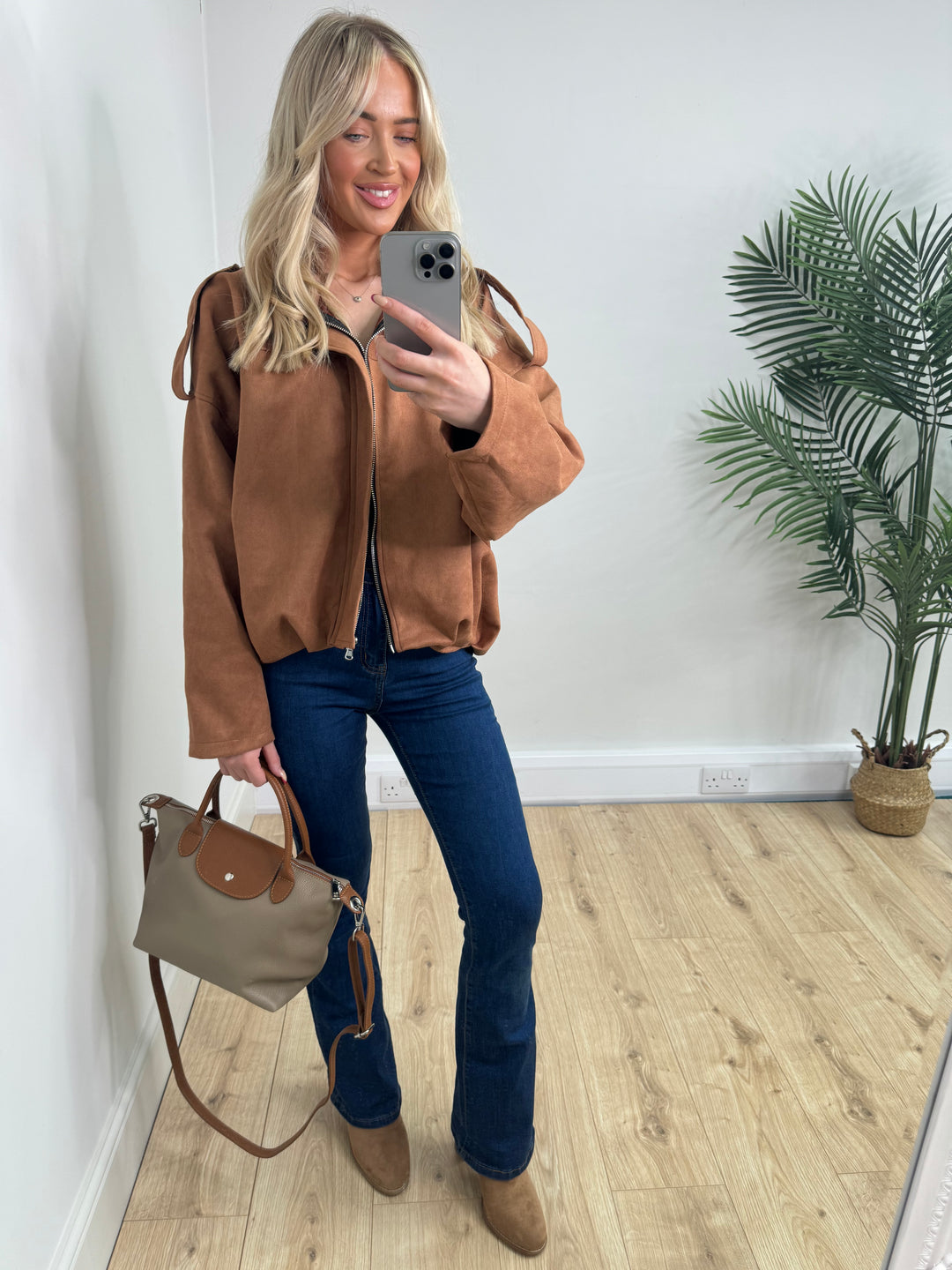 Brianna Suede Bomber - Tan
