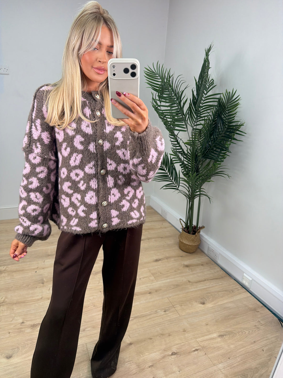 Amelia Leopard Cardigan - Mocha & Pink