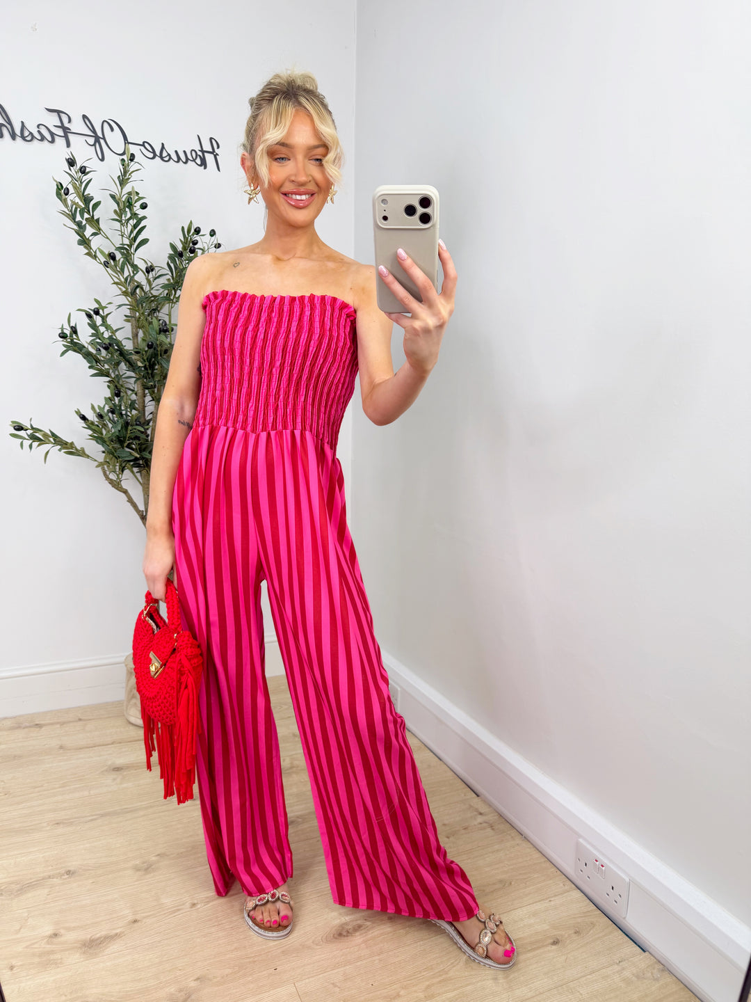 Brianna Bardot Jumpsuit - Pink & Red