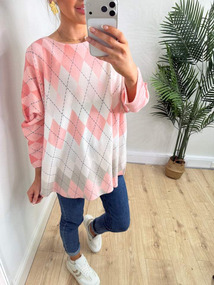 Luna Argyle Knit - Coral & Pink