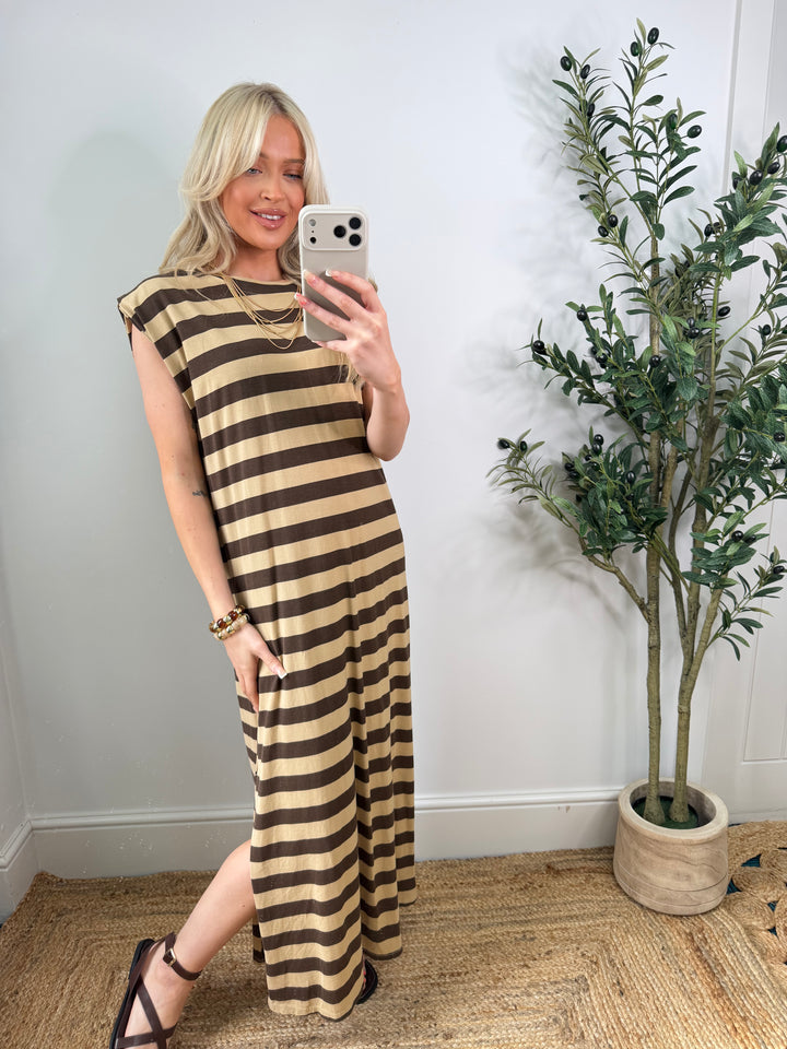 Mina Stripe Tshirt Dress - Caramel & Choc
