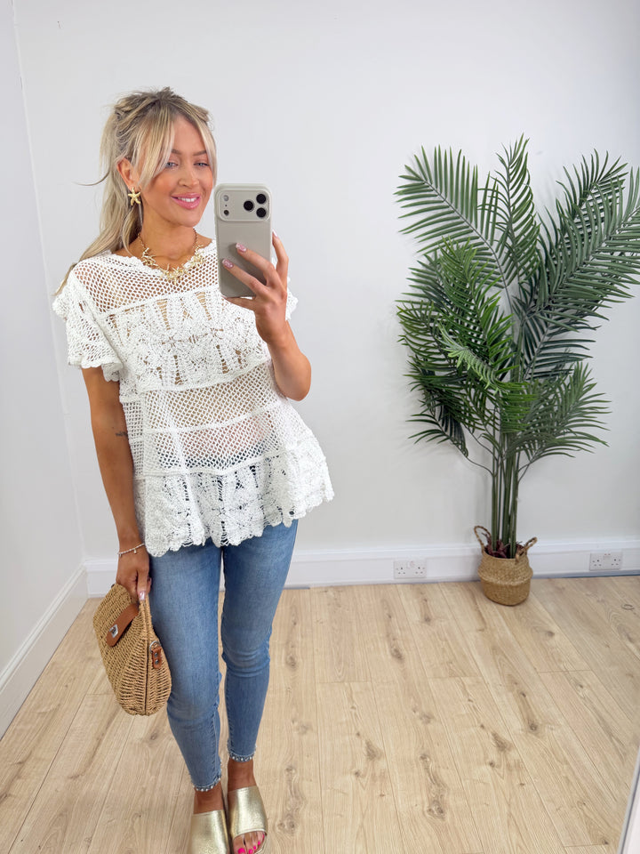 Mary Crochet Smock Top - White