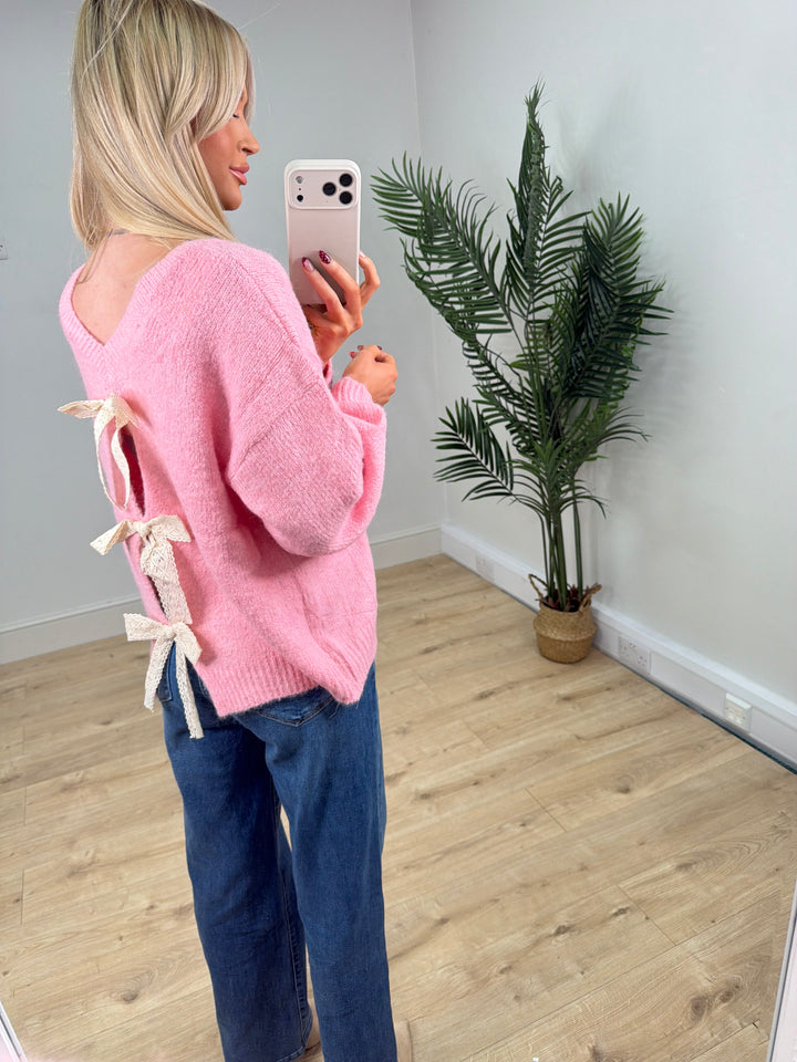Lace Bow Back Jumper - Baby Pink