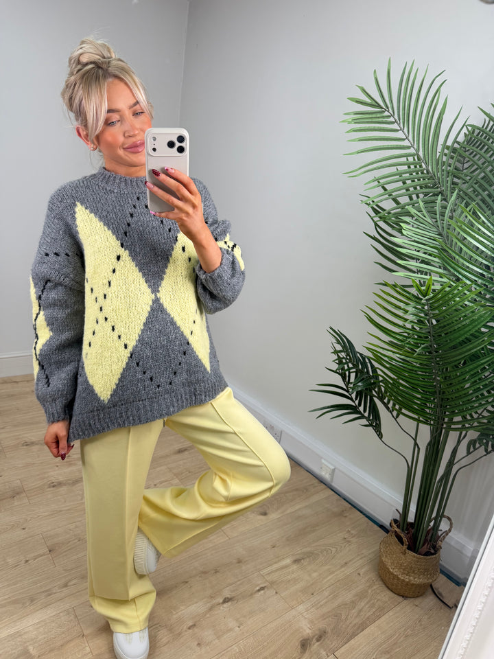 Chunky Wool Argyle Knit - Lemon & Grey