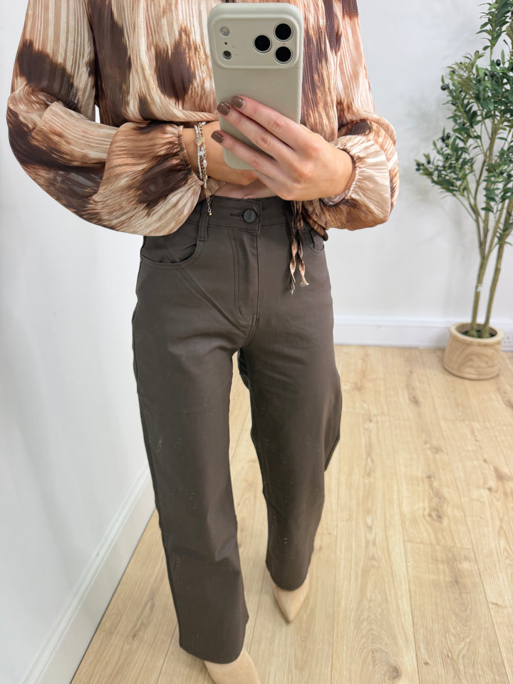 Wax Coated PU Jeans - Chocolate