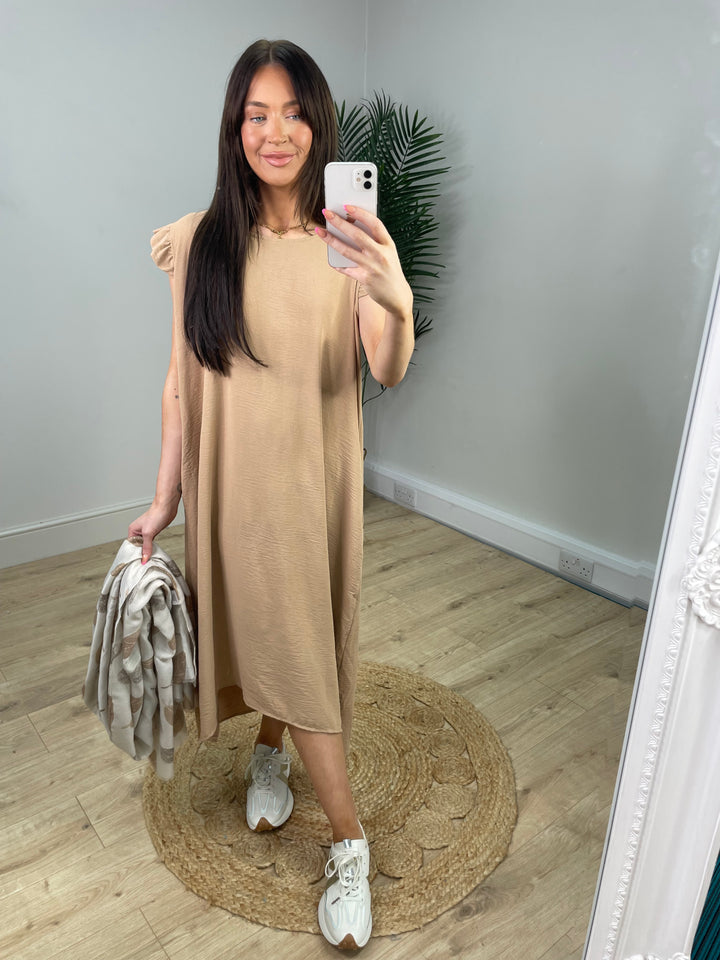 Button Back Dress -  Camel