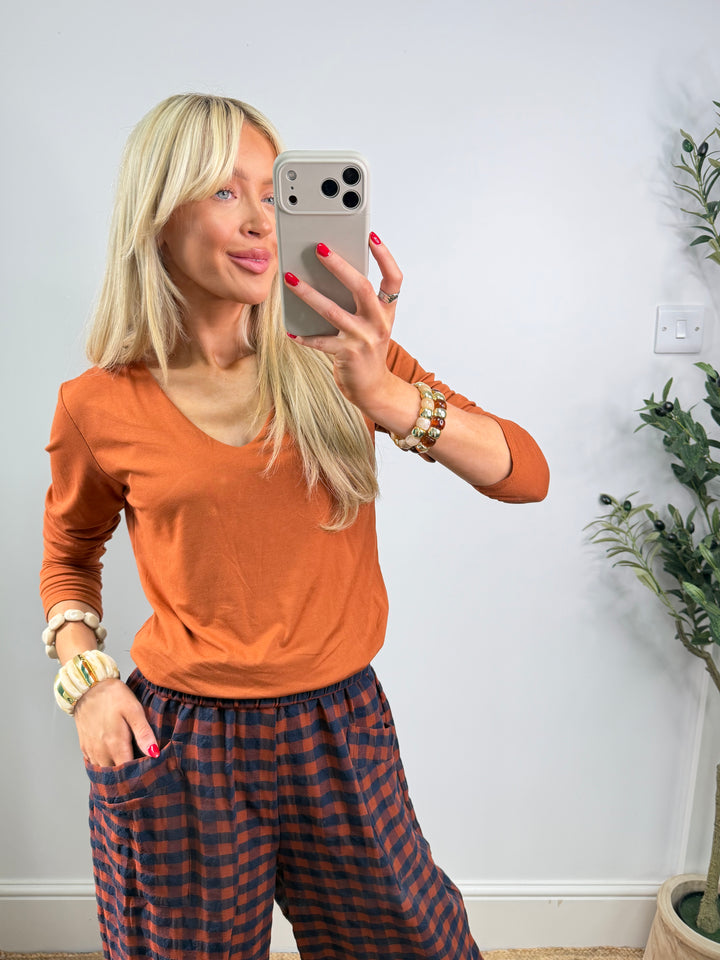 V Neck Double Layer Top  - Rust