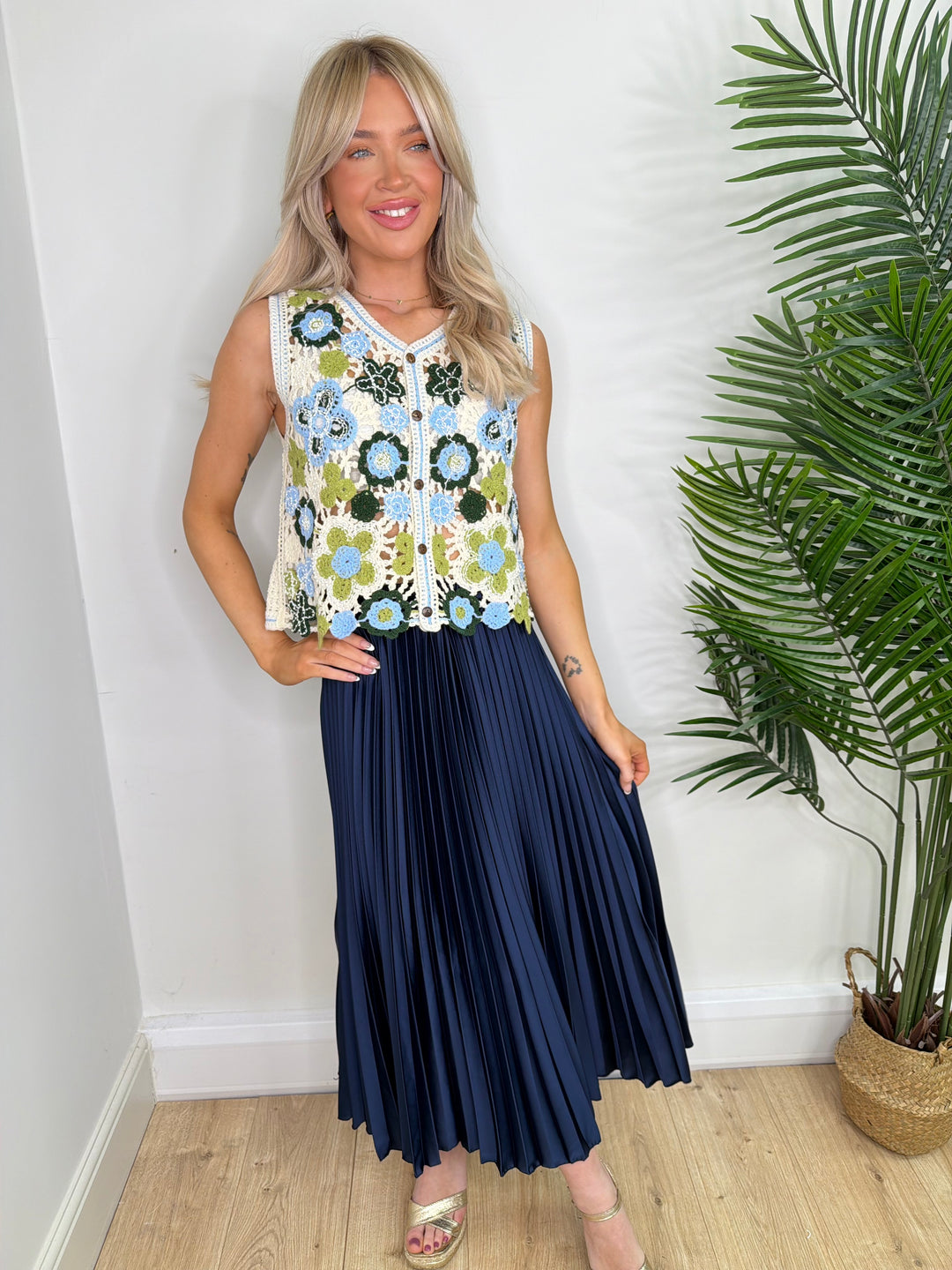 Wendy Satin Pleated Skirt - Navy