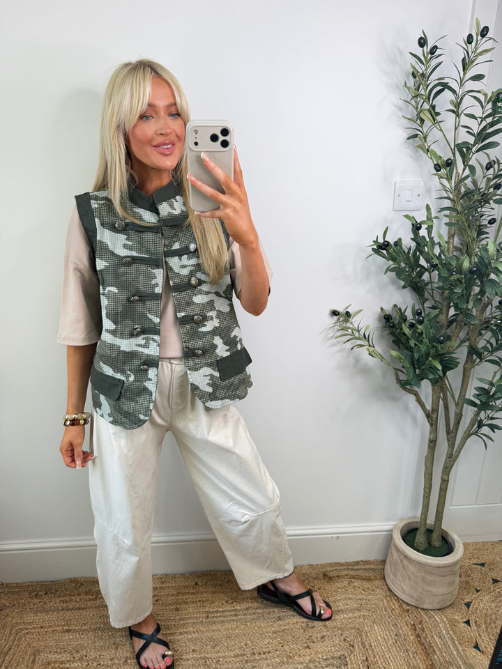 Caroline Camo Denim Waistcoat - Green
