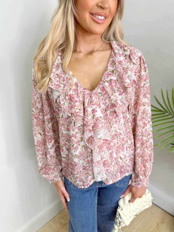 Ditsy Ruffle Blouse - Pink