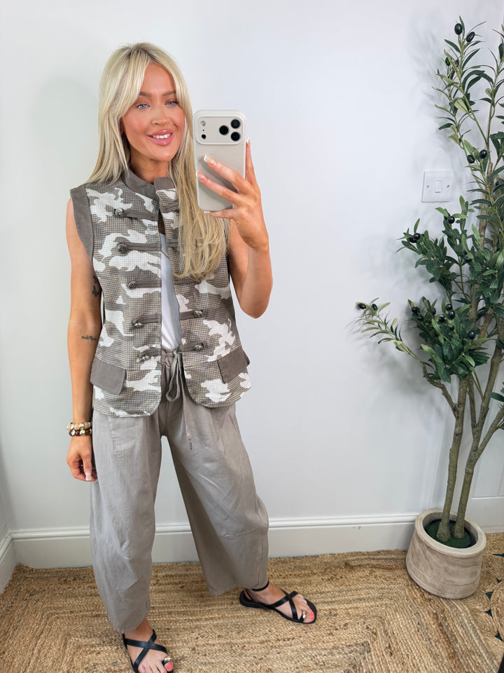 Caroline Camo Denim Waistcoat - Mocha