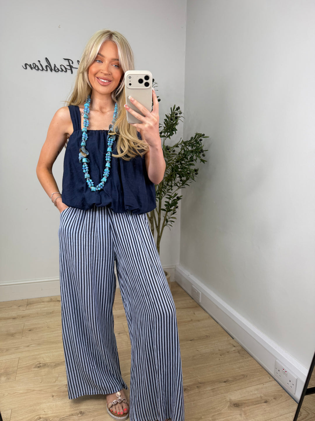 Nova Linen Pinstripe Trousers - Navy
