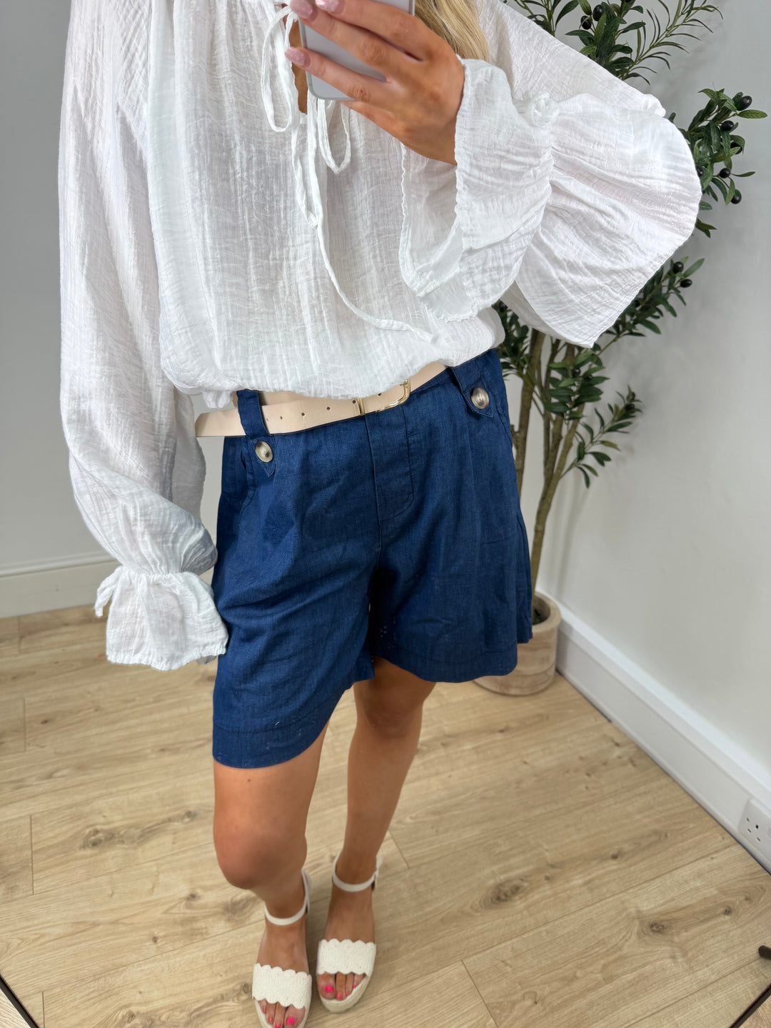 Chambray Belted Shorts - Darkwash