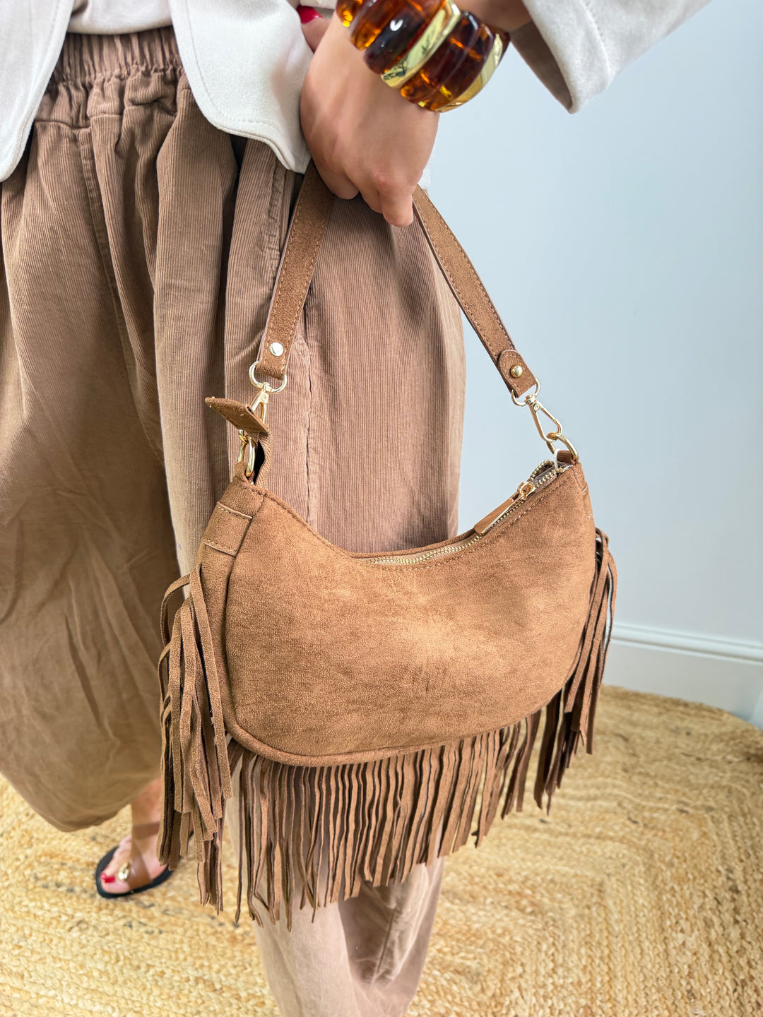Faux Seude Tassel Bag - Tan