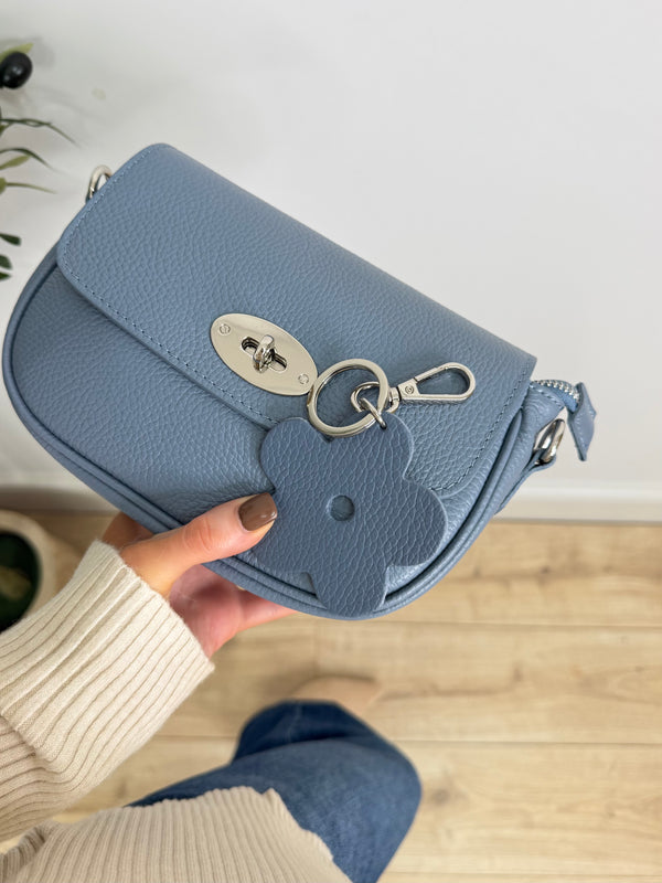 Real Leather Flower KeyRing/Bag Charm - Denim