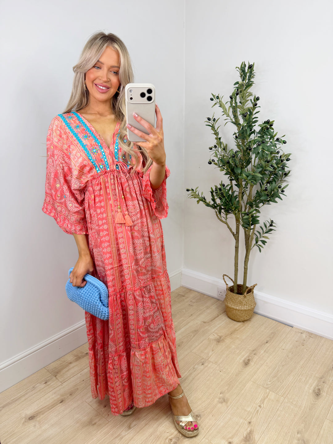 Indiana Boho Maxi - Coral & Baby Blue