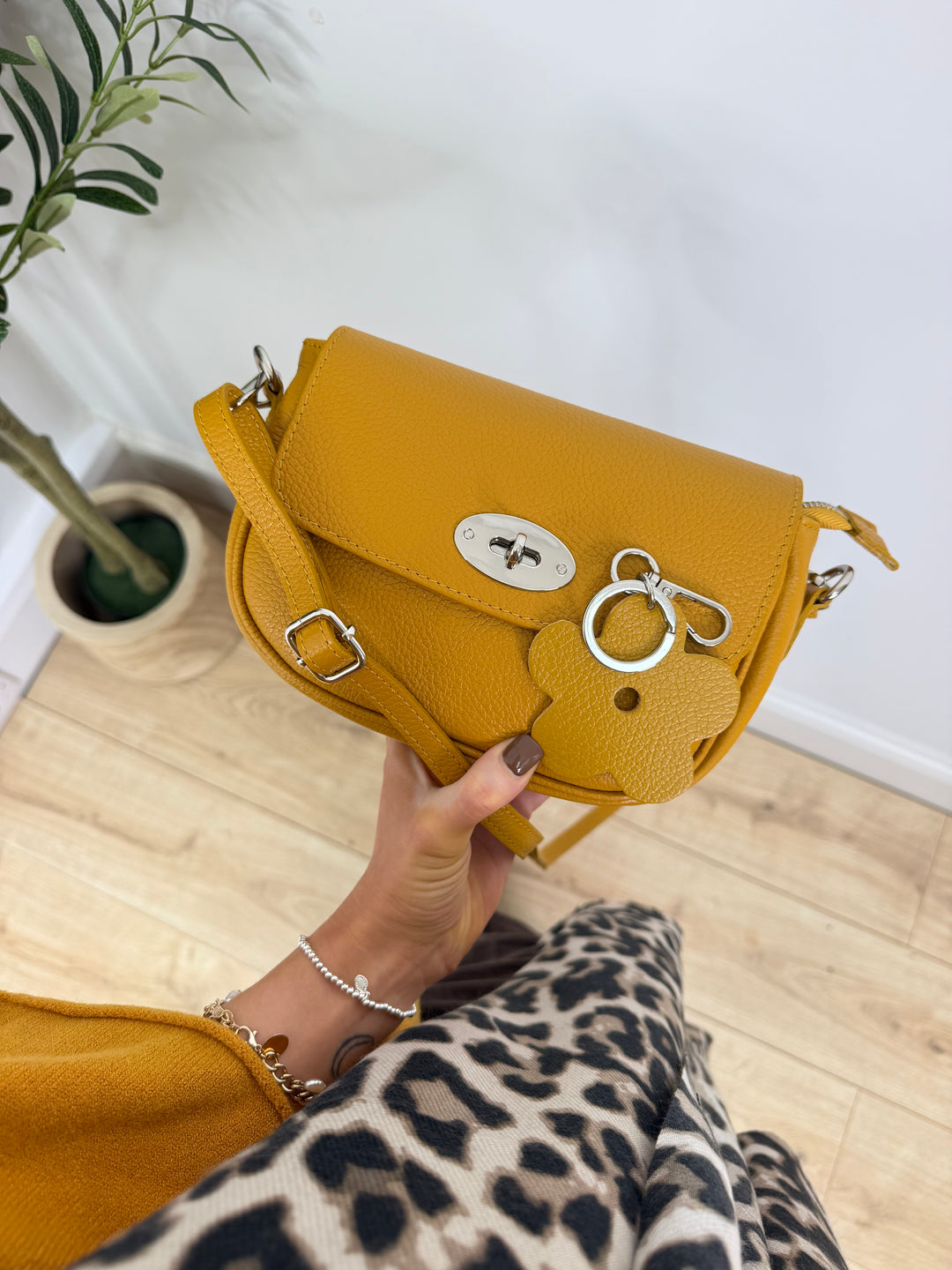 Real Leather Flower KeyRing/Bag Charm - Mustard